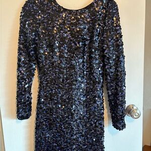 Dress the Population Nathalia Sequin Long Sleeve Dress in Multi Navy